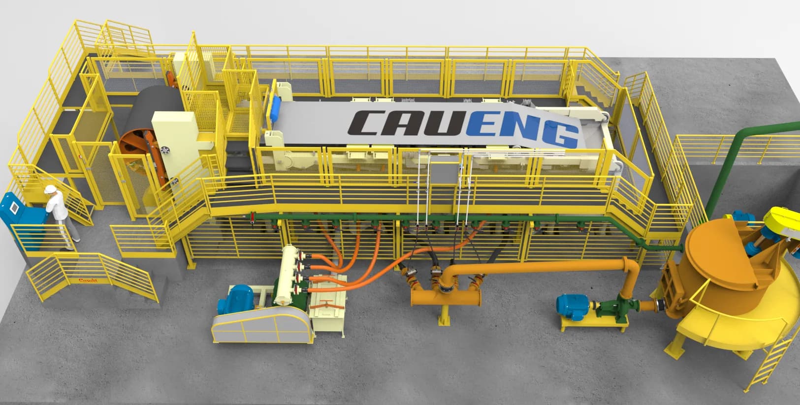 Render de um projeto industrial CAUENG com máquinas, estruturas e instalações integradas