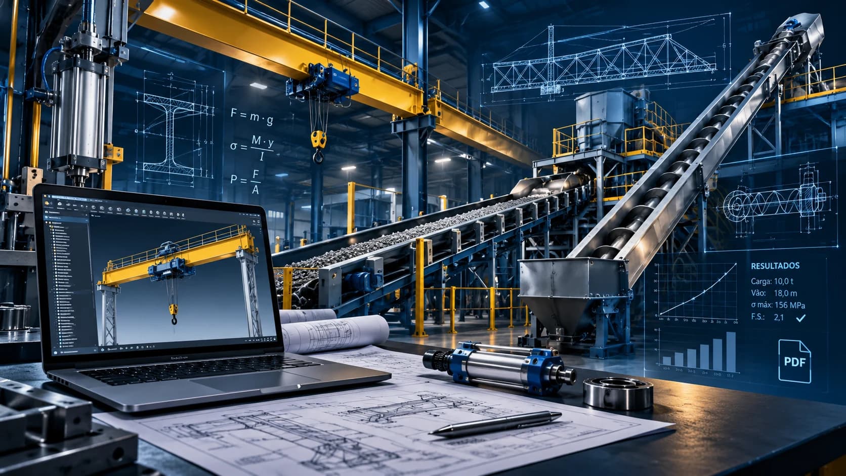 Ambiente industrial com equipamentos, cálculos de engenharia e documentação técnica